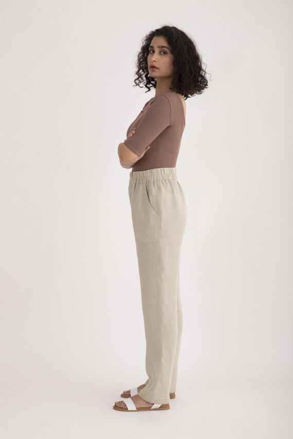 Oatmeal Linen Pants With Twin Pockets .women Summer Linen Pants , Elastic Linen  Pants , Linen Summer Pants . Women's Clothing. 