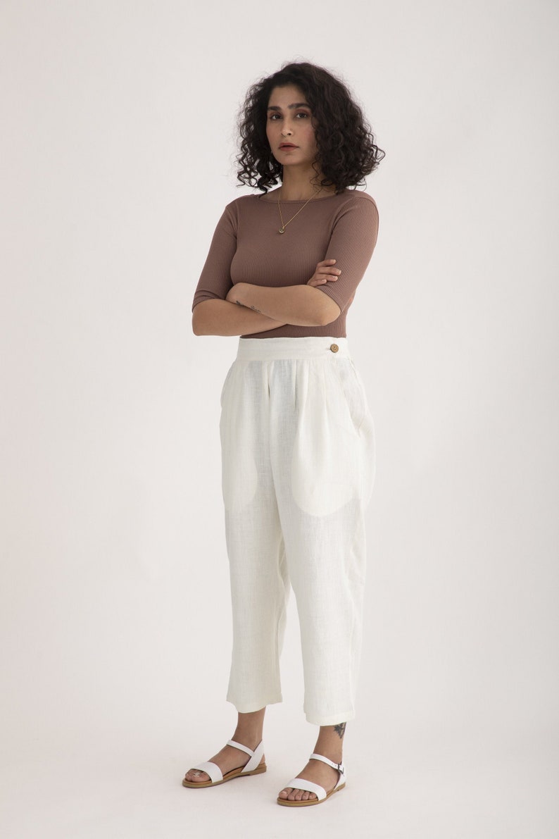 Angora White Linen Pants with twin pockets .Women summer linen pants , Classic Linen Pants , linen summer pants . Women's clothing. image 1