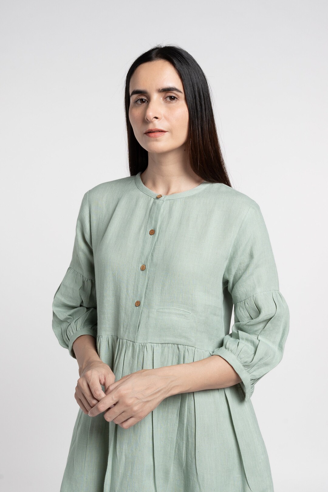 Sage Green Linen Dress, Midi Length Linen Dress With Pockets, Modest