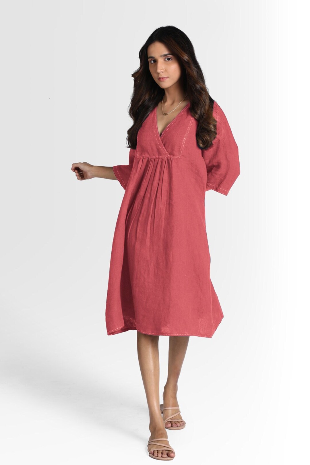 Berry Blush Linen Claire Midi Dress . V-neck With Coconut Husk Buttons ...