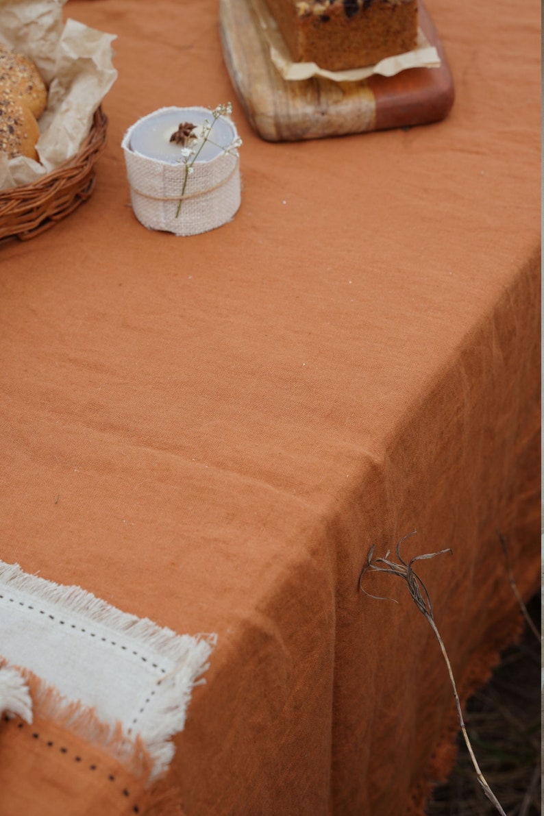 Made In India 100% European Linen Cinnamon Swept with Fringe Me Kantha Tablecloth Soft and Soothing Hues for Custom Handmade Tablecloths image 4