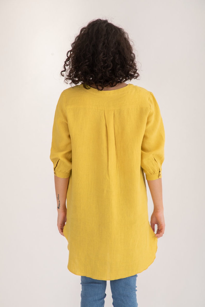 Summer Yellow linen Primrose Top . with sleeves, loose fitting , knee-length linen summer dress/top . Women's clothing. image 2