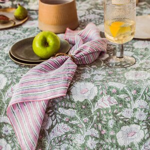 100 % Linen Table Cloth in block prints of stripes and floral patterns Dios Green, Table clothes, Linen fabric Table Cloth, European linen image 4