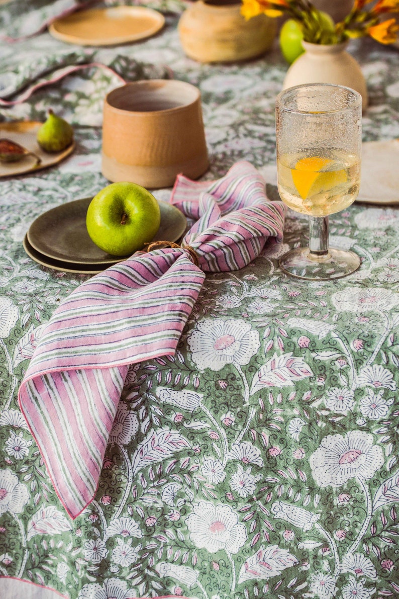 100 % Linen Table Cloth in block prints of stripes and floral patterns Dios Green, Table clothes, Linen fabric Table Cloth, European linen image 4