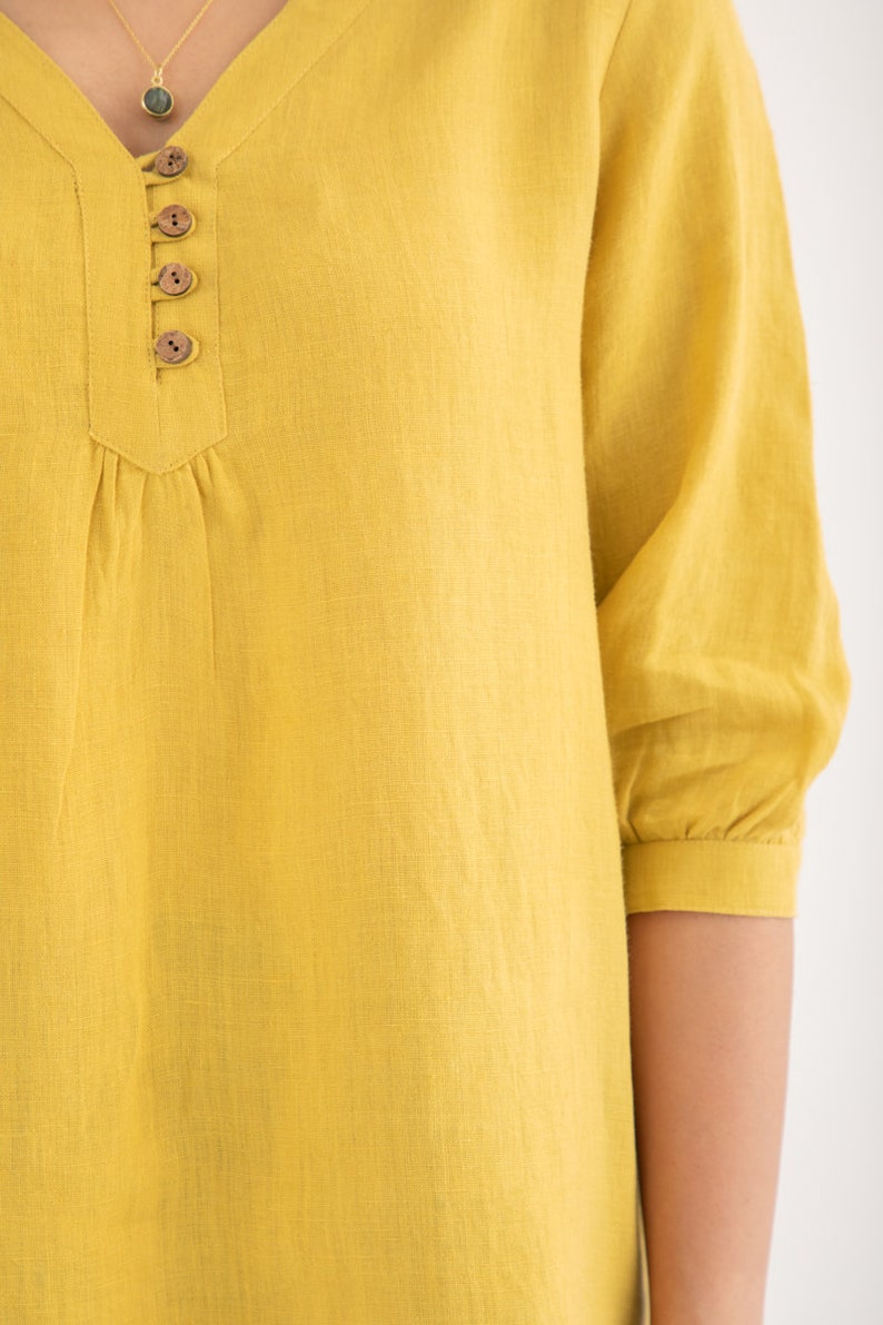Summer Yellow linen Primrose Top . with sleeves, loose fitting , knee-length linen summer dress/top . Women's clothing. image 4