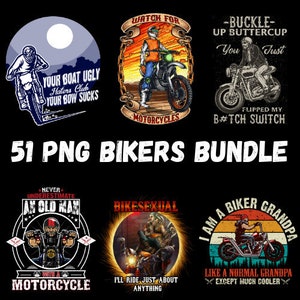 May include: A set of 51 digital illustrations featuring bikers and motorcycles. The illustrations are in a variety of styles, including cartoon, vintage, and realistic. Some of the illustrations feature funny slogans, such as "Your Boat Ugly Haters Club Your Bow Sucks" and "I Am A Biker Grandpa Like A Normal Grandpa Except Much Cooler".
