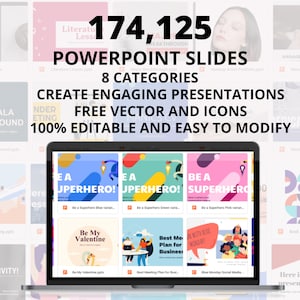 Könnte beinhalten: Ein Laptop-Computer zeigt eine Sammlung von 174.125 PowerPoint-Folien in 8 Kategorien. Die Folien sind farbenfroh und weisen eine Vielzahl von Designs auf, darunter geometrische Formen, Illustrationen und Text. Der Text auf dem Bildschirm lautet "Erstellen Sie ansprechende Präsentationen, kostenlose Vektoren und Symbole, 100 % bearbeitbar und einfach zu bearbeiten".