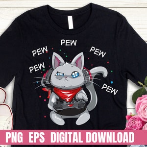 May include: Black t-shirt with a cartoon gray cat wearing headphones and holding a video game controller. The text "PEW" is repeated around the cat.