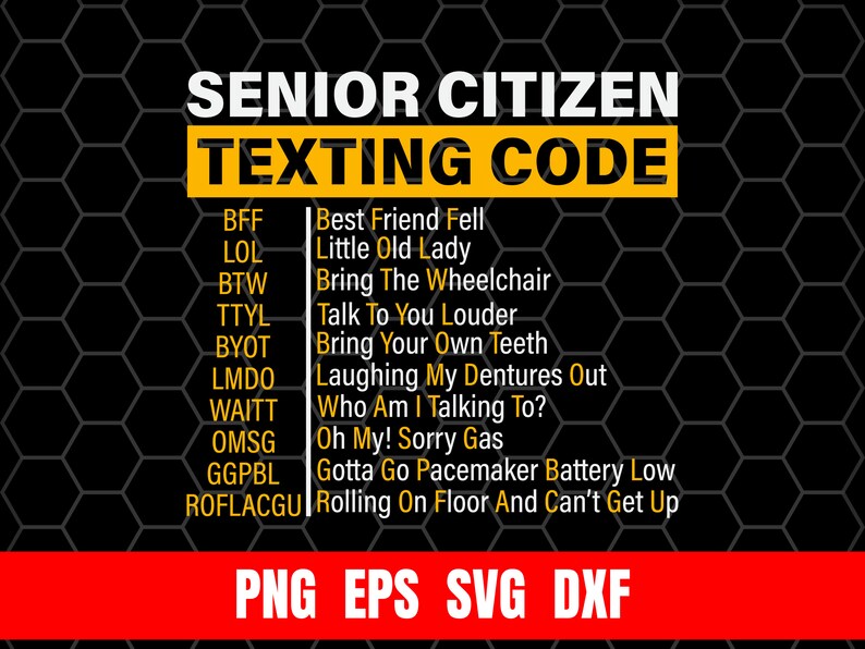 May include: A black and yellow graphic with the text "Senior Citizen Texting Code" and a list of abbreviations and their meanings. The abbreviations are in all caps and the meanings are in lowercase. For example, BFF is Best Friend Fell, LOL is Little Old Lady, BTW is Bring The Wheelchair, TTYL is Talk To You Louder, BYOT is Bring Your Own Teeth, LMDO is Laughing My Dentures Out, WAITT is Who Am I Talking To?, OMSG is Oh My! Sorry Gas, GGPBL is Gotta Go Pacemaker Battery Low, and ROFLACGU is Rolling On Floor And Can't Get Up.