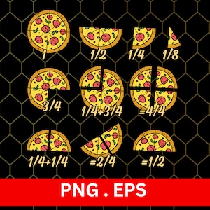 May include: A graphic illustration of pizza slices demonstrating fractions. The image shows whole pizzas and slices labeled with fractions like 1/2, 1/4, 1/8, 3/4, and 4/4. The background is black with a honeycomb pattern.