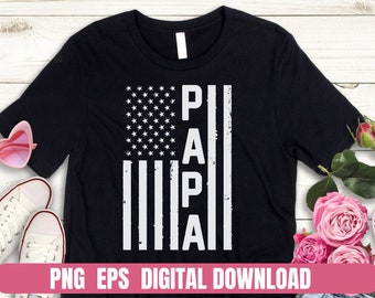 May include: Black t-shirt with a white distressed American flag design and the word "PAPA" vertically down the center of the flag.