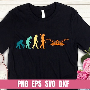 May include: Black t-shirt with a graphic of the evolution of man, ending with a swimmer. The text "PNG EPS SVG DXF" is at the bottom of the shirt.