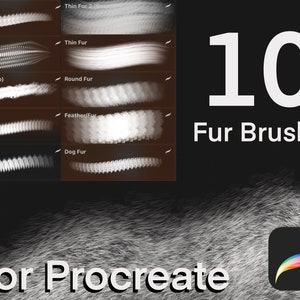 Può includere: Un set di 10 pennelli digitali per pelliccia per Procreate, con diversi stili come pelo di cane, pelo sottile, pelo riccio, pelo morbido, pelo di piuma e pelo rotondo. I pennelli sono visualizzati su uno sfondo nero con una sovrapposizione di testo bianco che dice "10 Fur Brushes" e "For Procreate".