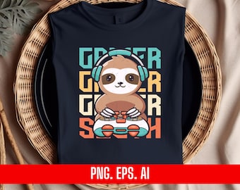 Gamer Sloth Design, Video Game T-Shirt (Digital Download)