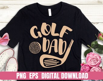 Könnte beinhalten: Schwarzes T-Shirt mit dem Text "Golf Dad" in Braun, einem Golfball und einem Golfschläger.