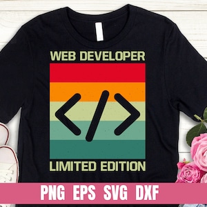 May include: Black t-shirt with a retro-style design featuring the text "WEB DEVELOPER LIMITED EDITION" and a stylized code bracket symbol.