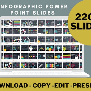 May include: A laptop computer screen displaying a collection of 2,200 infographic PowerPoint slides. The slides feature various colorful charts, graphs, and icons. The text "INFOGRAPHIC POWER POINT SLIDES" is displayed at the top of the screen. The text "2200 SLIDES" is displayed in a yellow circle on the right side of the screen. The text "DOWNLOAD - COPY - EDIT - PRESENT" is displayed at the bottom of the screen.