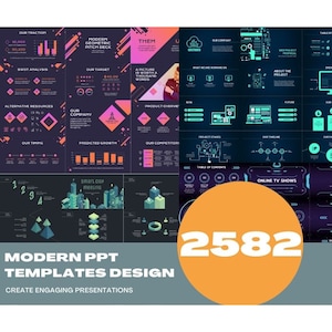 May include: A collection of 2,582 modern PowerPoint templates with geometric designs in pink, blue, and green. The text "MODERN PPT TEMPLATES DESIGN" is displayed in white on a dark gray background. The text "CREATE ENGAGING PRESENTATIONS" is displayed in white below the main text.