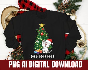 May include: Black sweatshirt with a white cat wearing a Santa hat in front of a Christmas tree with the text "Ho Ho Ho".