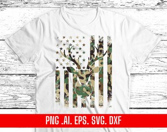 Diseño de bandera estadounidense con ciervo camuflado, estampado para camiseta de caza (archivo digital)
