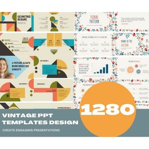 May include: A set of 1280 vintage PowerPoint templates with geometric and floral designs. The templates feature a variety of colors and patterns, including red, blue, green, yellow, and white. The text "Create Engaging Presentations" is displayed at the bottom of the image.