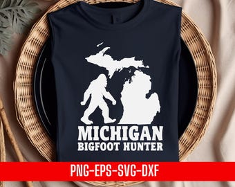Michigan Bigfoot Hunter png,eps,svg,dxf , Sasquatch Hunting Clipart, Cryptid Outdoor Adventure Design for T-Shirts, Mugs, and Decals