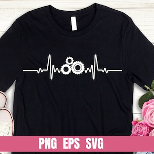 May include: Black t-shirt with a white graphic of a heartbeat with three gears inside. The text "PNG EPS SVG" is at the bottom of the shirt.