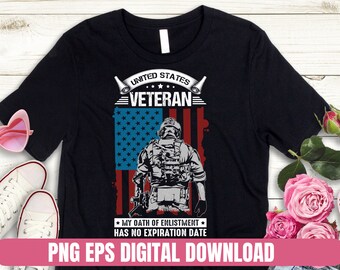May include: Black t-shirt with a graphic of a soldier standing in front of an American flag. The text "UNITED STATES VETERAN" is above the flag and the text "MY OATH OF ENLISTMENT HAS NO EXPIRATION DATE" is below the flag.