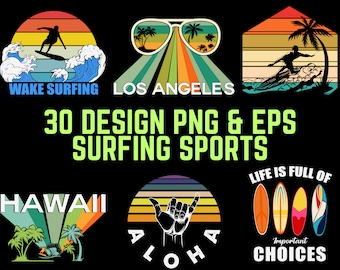 30 Bundle Designs PnG and EPS Surfing Printing DTG Tshirt PNG Digital File Download