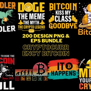 May include: A collection of 200 digital designs featuring various illustrations related to cryptocurrency, including Bitcoin, Dogecoin, and the Shiba Inu dog. The designs feature a variety of colors and styles, including vintage, modern, and minimalist.
