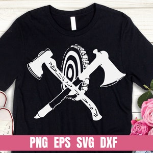May include: Black t-shirt with a white design of two crossed axes and a target. The text "PNG EPS SVG DXF" is at the bottom of the shirt.