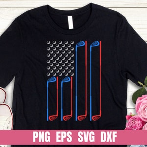 May include: A black t-shirt with a red, white, and blue golf-themed American flag design. The flag is made up of golf balls and golf clubs. The text "PNG EPS SVG DXF" is at the bottom of the shirt.