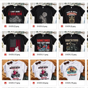 May include: A collection of 21 t-shirt designs featuring motorcycle-themed graphics. The designs include various slogans and images, such as "Adventure", "I Ride", "I Don't Chase Dreams", "Sons of Riders", "California Motorcycle", "If You Don't Ride", "Freedom", "Sometimes You Just Need", "Bigger Toys", "Motorcycle", "All Women Know", "Take Adventure", "Time Is Nice", "Being Sexy", "Ride Hard", "I Am A Dirty Banger", "You Don't Have To", "Ride The", "We Are", "Sunday".