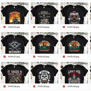 May include: A collection of 20 black t-shirts with various motorcycle-themed designs. The designs include skulls, motorcycles, and text such as "Born to Ride" and "Speed Kills".