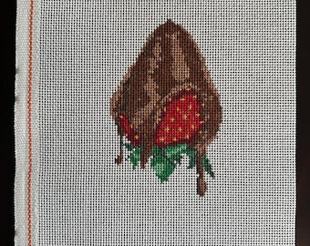 Fresa cubierta de chocolate, postre Lienzo bordado, pintado a mano