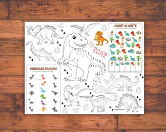 Dinosaur coloring pages, dinosaur coloring sheet, T-rex coloring book, dino theme party favors, dinosaur activity placemats for preschoolers
