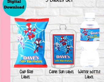 Spidey and his amazing friends party favors, Spidey party decoration, spidey chip bag, spidey water bottle label, Spidey party favor, bundle