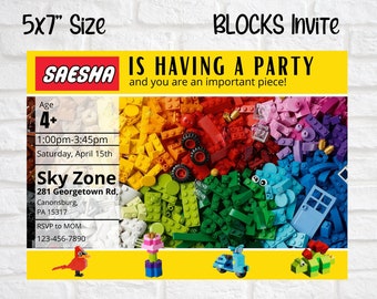 Building blocks birthday invitation, building block party invitation, 7th birthday boy invitation, boy birthday invite, building brick party