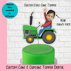 Tractor cake topper, face cake topper, face cupcake topper birthday, farm cake topper, green tractor birthday decorations, personalised farm