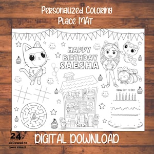 Gabby dollhouse coloring pages, gabby dollhouse party games, kids placemats personalized, kids placemat printable, kids birthday placemat