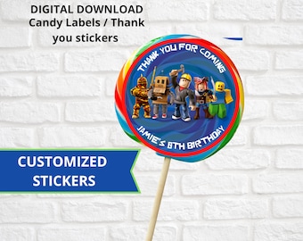 Roblox sticker label, roblox party supplies, roblox party decorations, roblox party favor label, roblox party download, roblox thank you tag