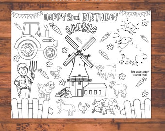 Farm animal coloring sheets, farm animals birthday decorations, barnyard birthday favors, kids activity placemat, kids coloring pages print