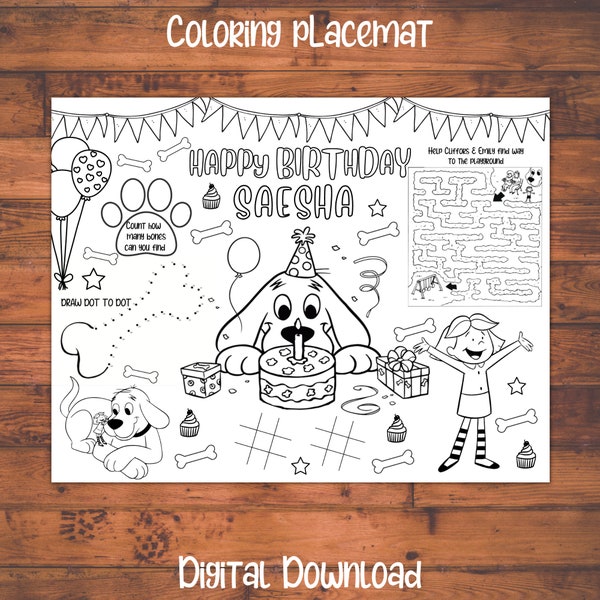 Clifford the big red dog birthday png, Clifford party favors, Clifford party supplies, kids coloring placemats, personalized coloring pages