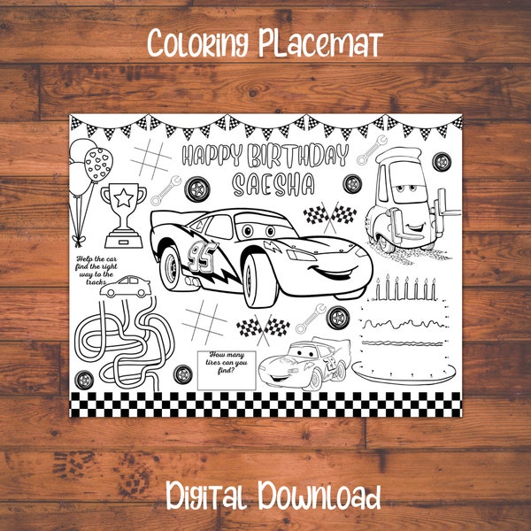 Cars the movie coloring page, cars birthday party decoration, kids coloring book, boy birthday party favor, kid coloring placemat,cars theme