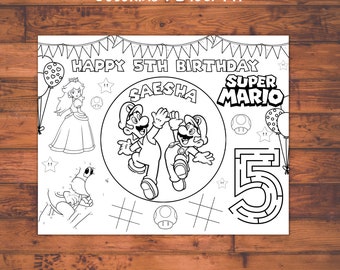 Gaming brothers coloring pages, Mario birthday party, super kart party, kids coloring book, boy birthday party favor, kid coloring placemat