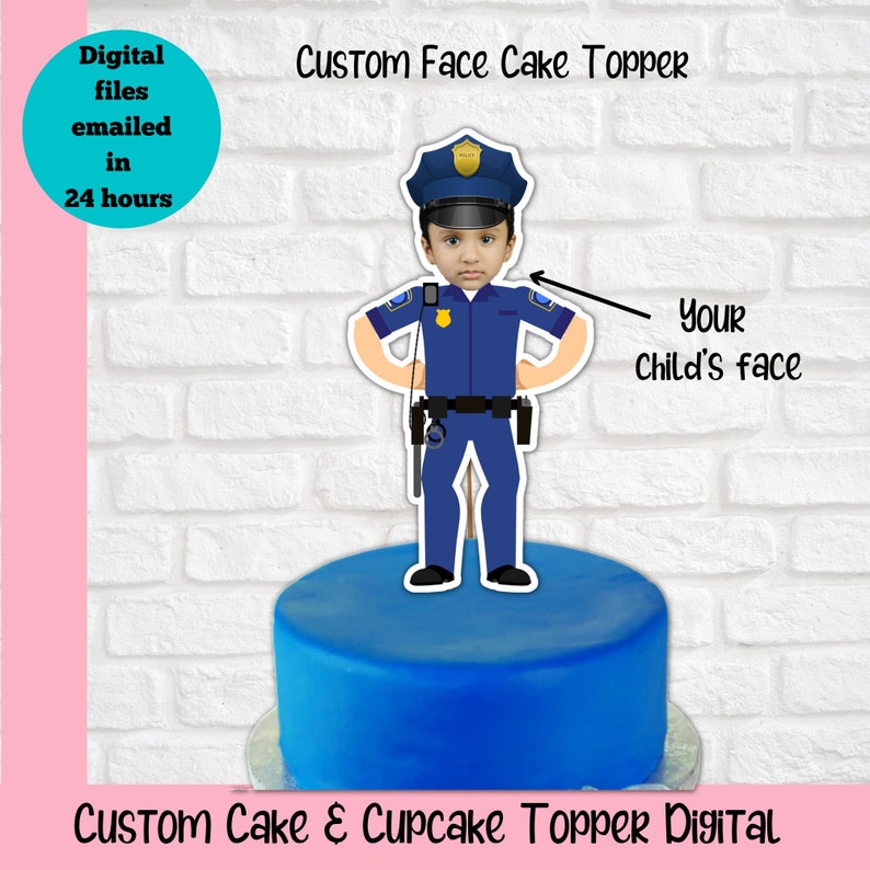 Police cake topper, Police cake decoration, kids face cake topper, Cop cake topper, custom face topper, policeman birthday, digital download image 1