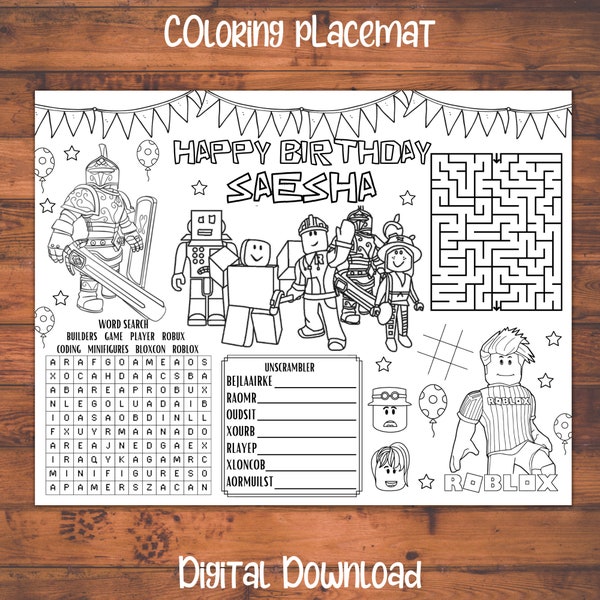 Boys birthday party favors, kids coloring placemats, roblox birthday decorations, roblox coloring pages printable, roblox activity sheet