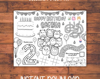 Personalized Squishmallow Birthday Party Activity Sheet, Soft Plushies Party Favor, Toy Coloring Sheet, Kids Activity coloring placemat