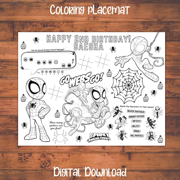 Spidey and his amazing friends coloring pages, spidey coloring pages, spidey and his amazing friends birthday, kids coloring placemats