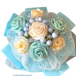 Handmade Crepe Paper Rose Bouquet: White & Blue Glitter Roses